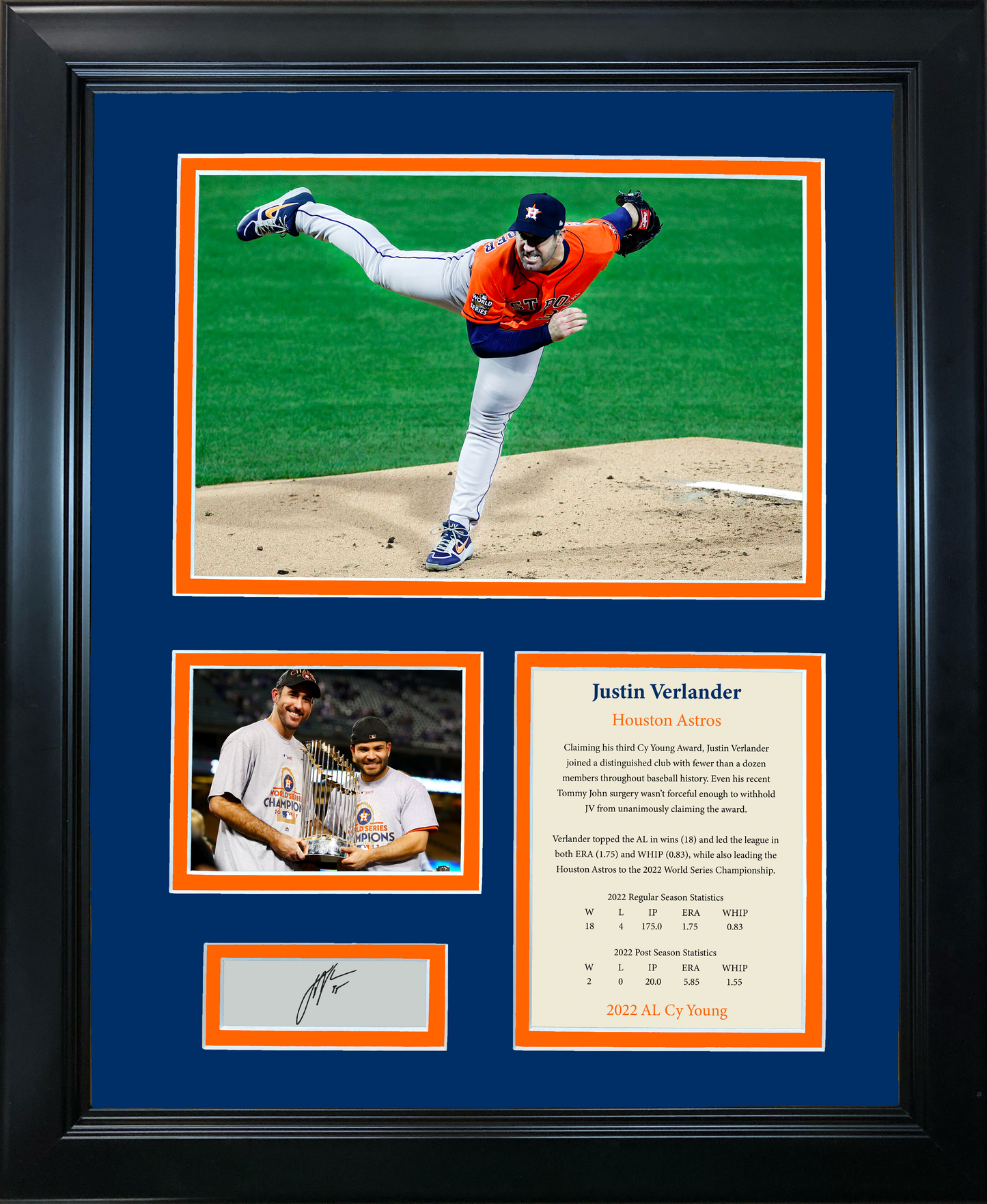 Framed Justin Verlander AL Cy Young 2022 Facsimile Laser Engraved Signature Auto Houston Astros Baseball 11"x14" Photo Sig Collage