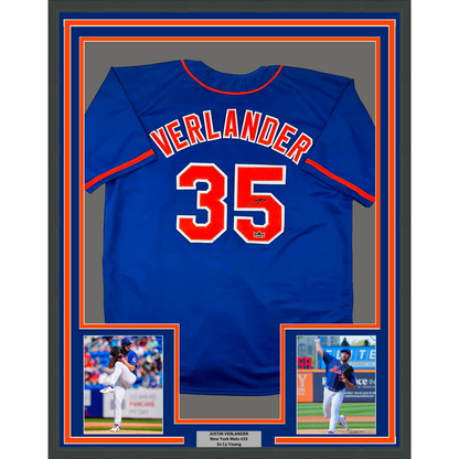 Framed Facsimile Autographed Justin Verlander 35x39 New York Blue Reprint Laser Auto Baseball Jersey