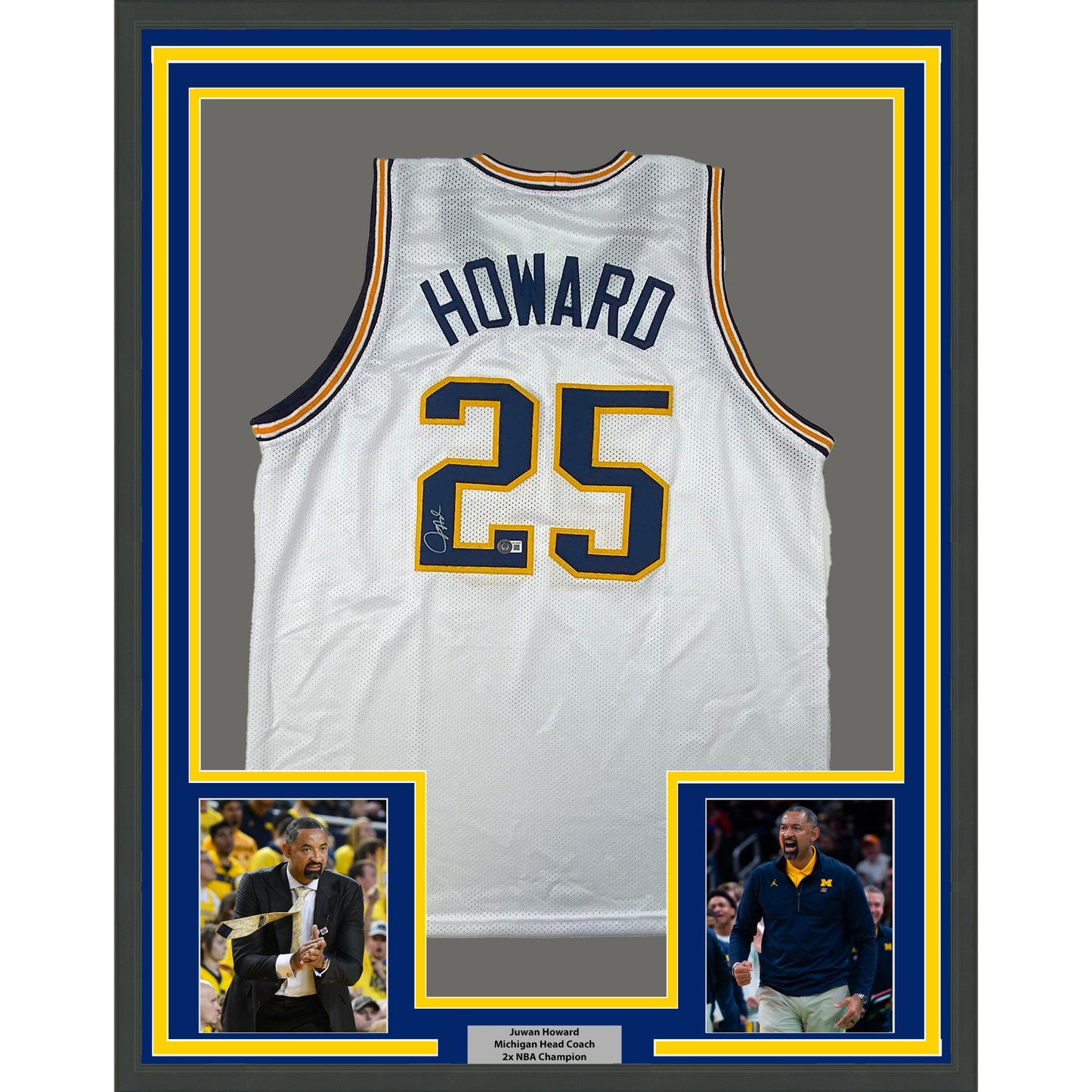 Framed Autographed/Signed Juwan Howard 35x39 Michigan White College Basketball Jersey Beckett BAS COA
