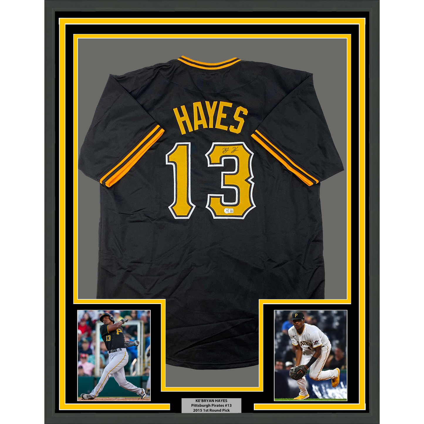 Framed Autographed/Signed Ke'Bryan Hayes 35x39 Pittsburgh Black Baseball Jersey Beckett BAS COA