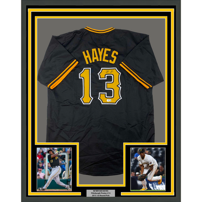 Framed Autographed/Signed Ke'Bryan Hayes 35x39 Pittsburgh Black Baseball Jersey Beckett BAS COA