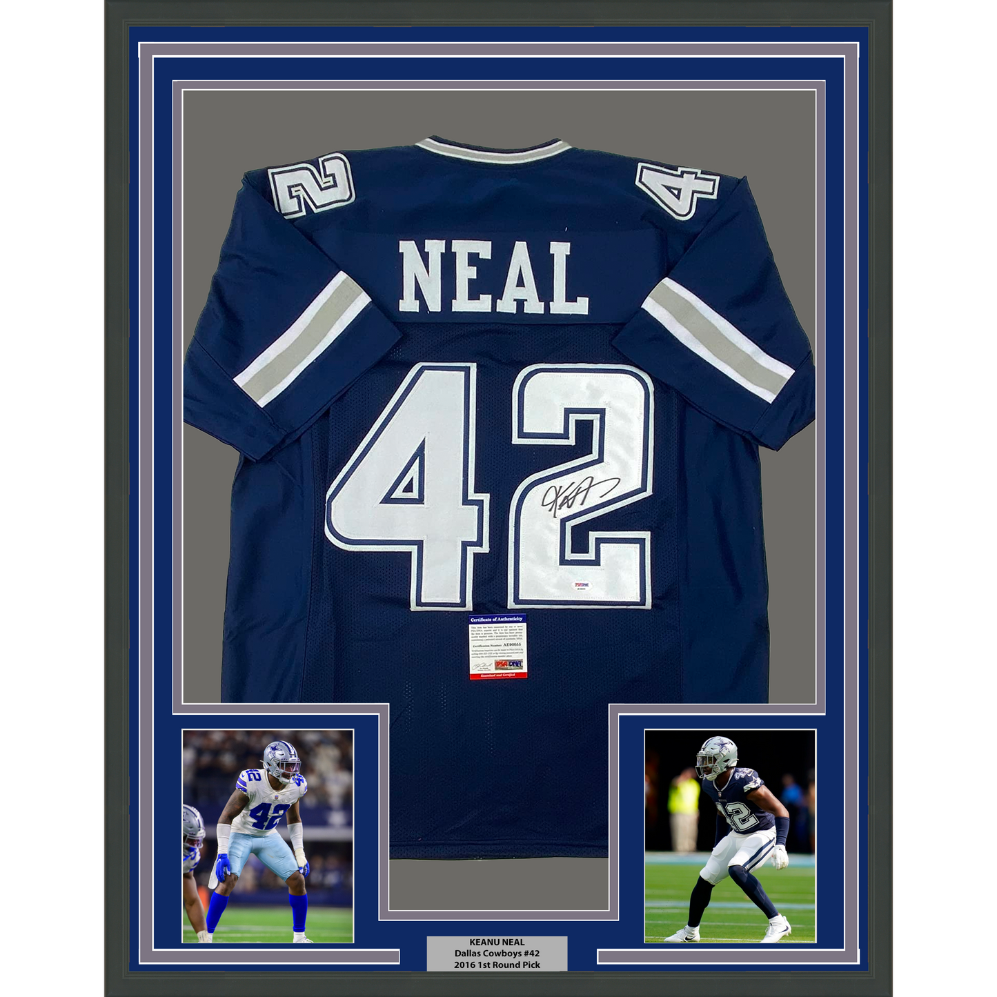 Framed Autographed/Signed Keanu Neal 35x39 Dallas Blue Football Jersey PSA/DNA COA