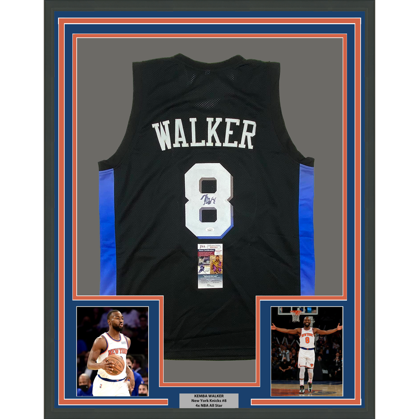 Framed Autographed/Signed Kemba Walker 35x39 New York Black Basketball Jersey JSA COA
