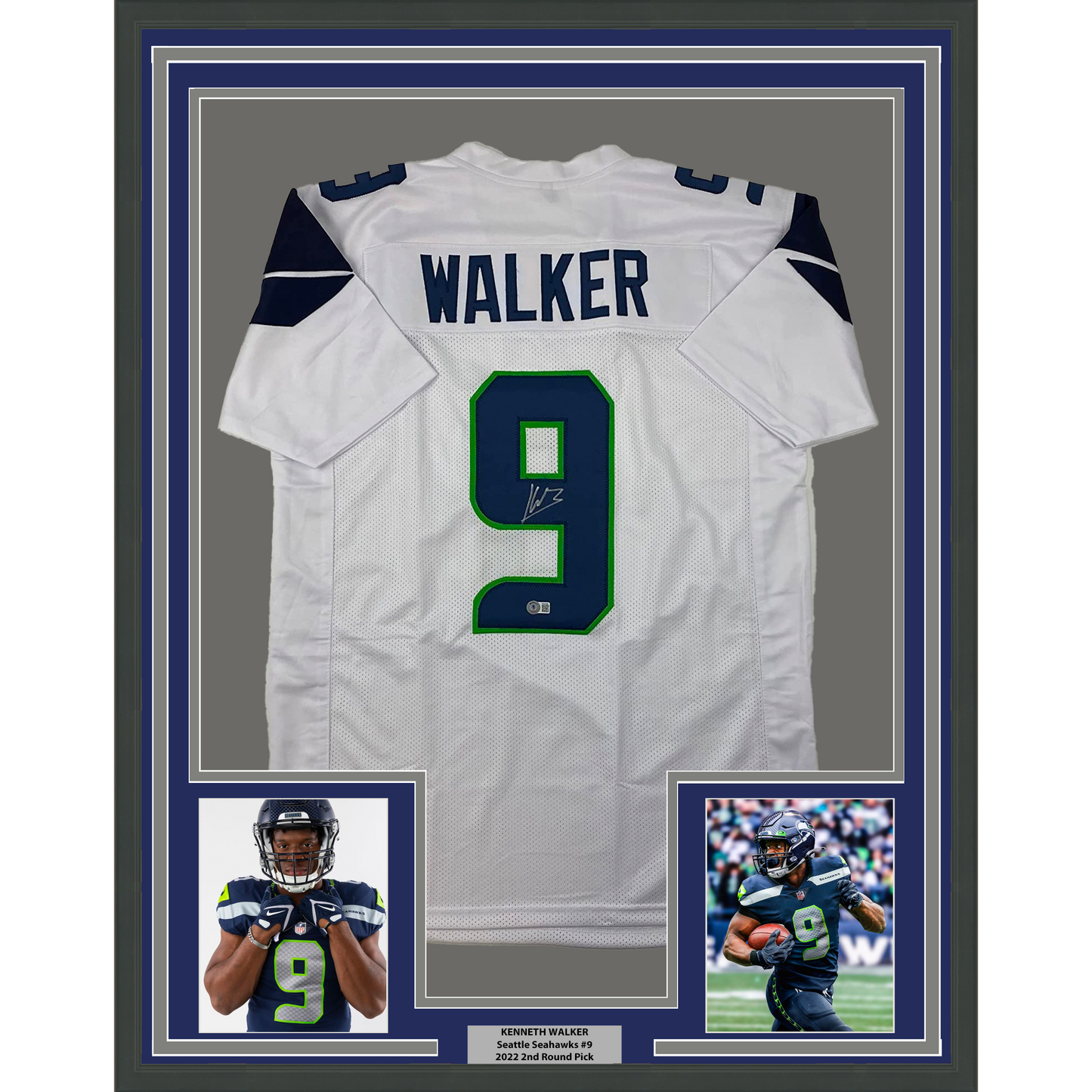 Framed Autographed/Signed Kenneth Walker 35x39 Seattle White Football Jersey Beckett BAS COA