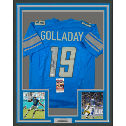 Framed Autographed/Signed Kenny Golladay 35x39 Detroit Blue Football Jersey JSA COA