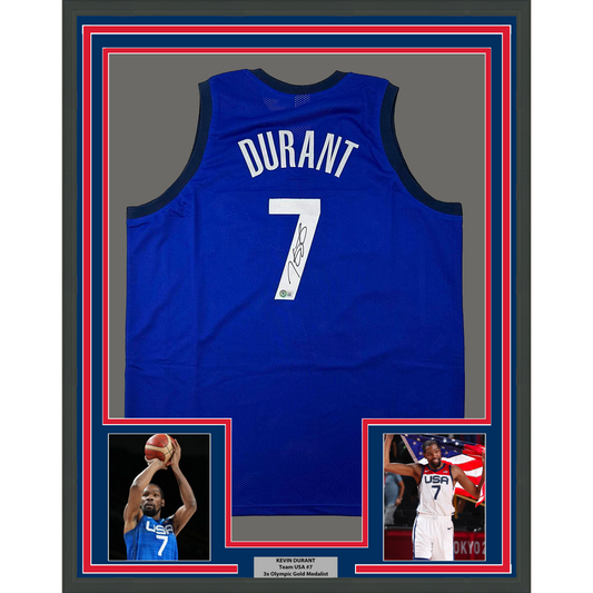 Framed Autographed/Signed Kevin Durant 35x39 United States USA Olympics Blue Basketball Jersey Beckett BAS COA