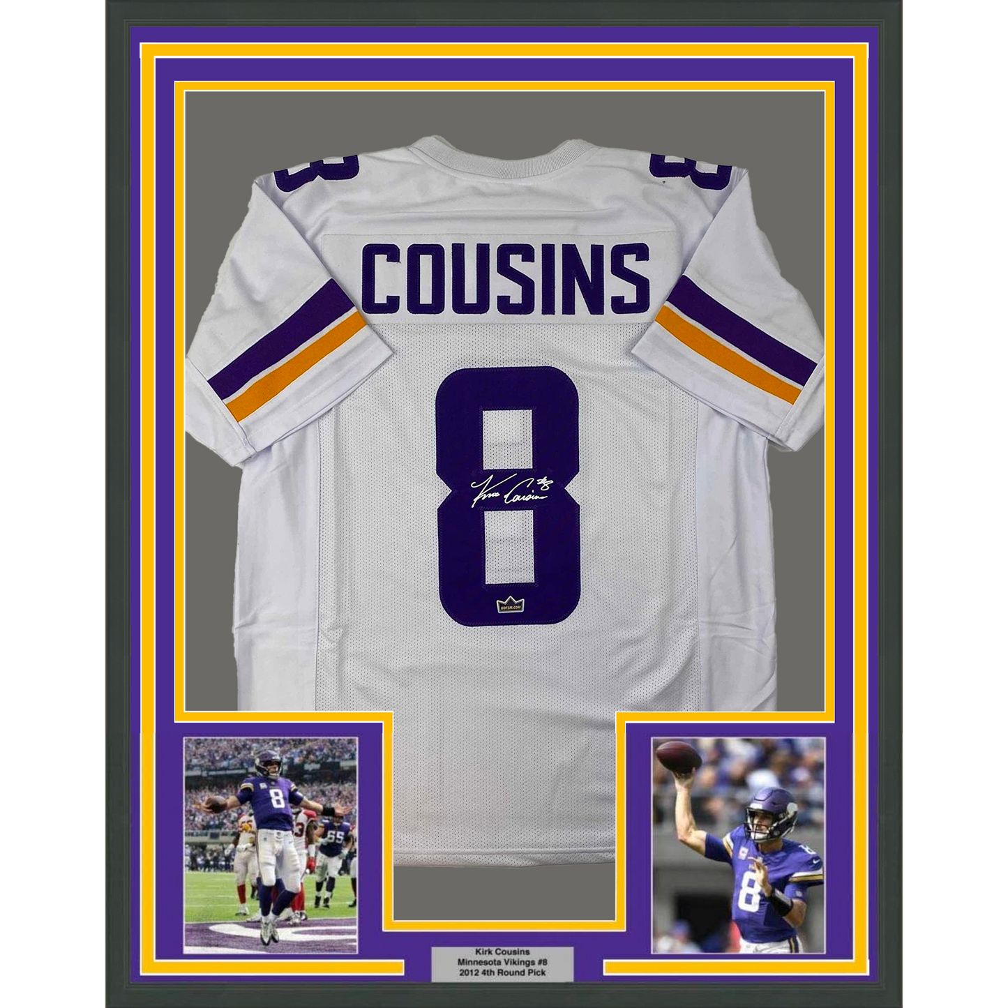 Framed Facsimile Autographed Kirk Cousins 35x39 Minnesota White Reprint Laser Auto Football Jersey Size Men's XL