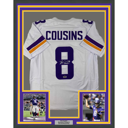 Framed Facsimile Autographed Kirk Cousins 35x39 Minnesota White Reprint Laser Auto Football Jersey Size Men's XL
