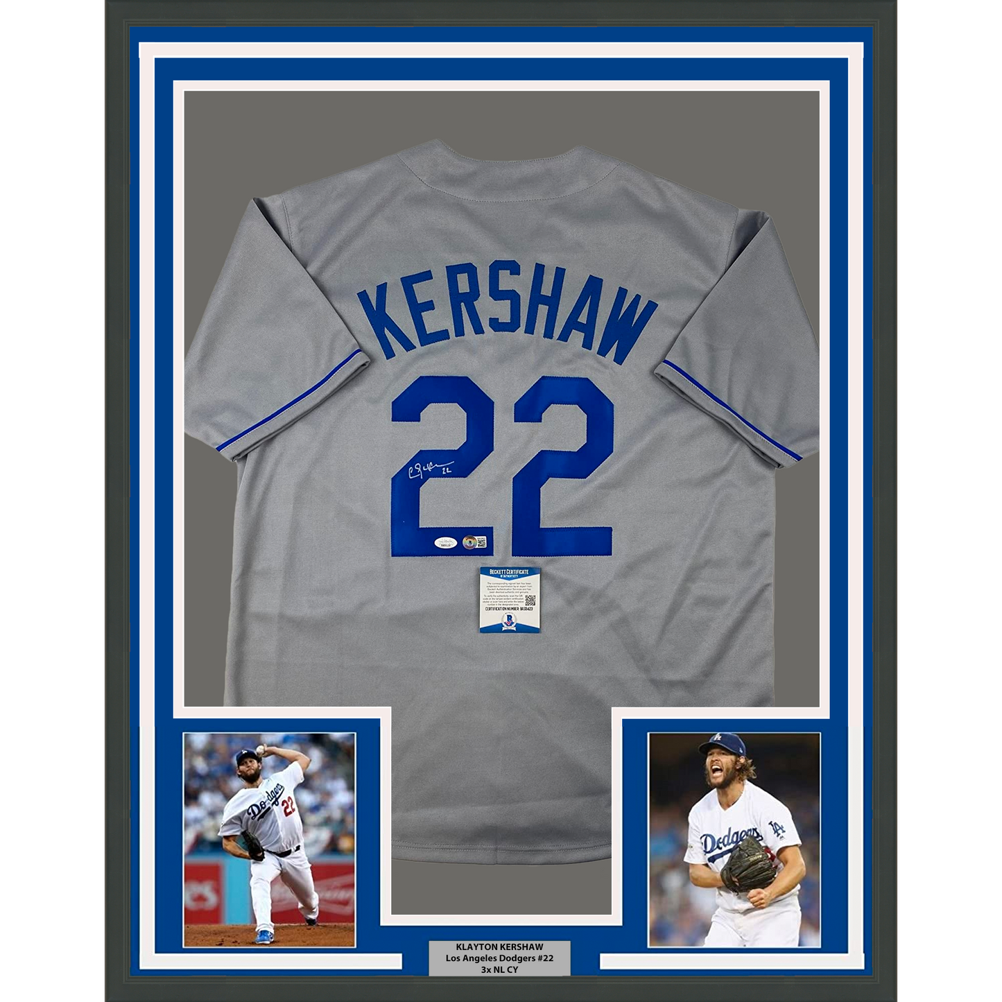 Framed Autographed/Signed Clayton Kershaw 35x39 Los Angeles LA Grey Baseball Jersey Beckett BAS COA