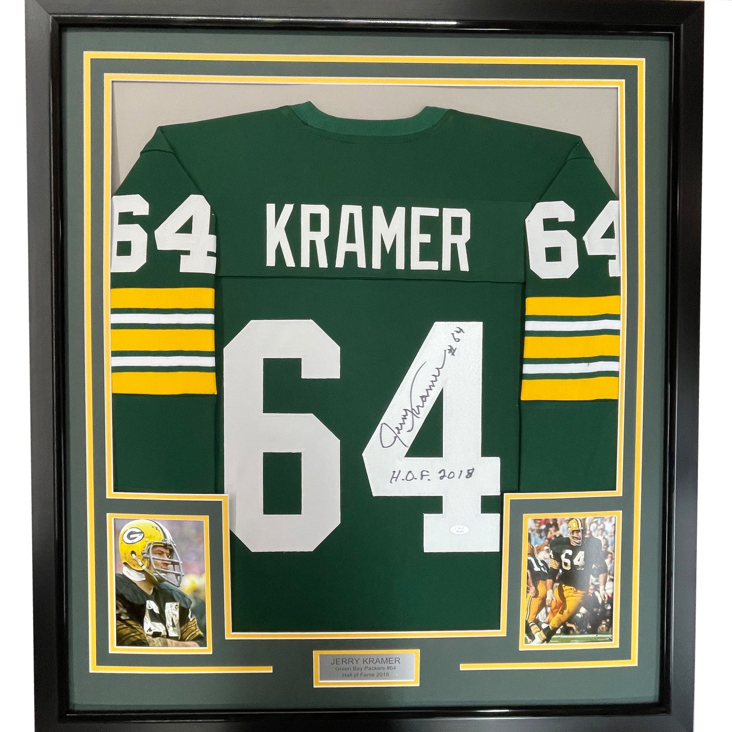 Framed Autographed/Signed Jerry Kramer HOF 2018 35x39 Green Bay Green Football Jersey JSA COA