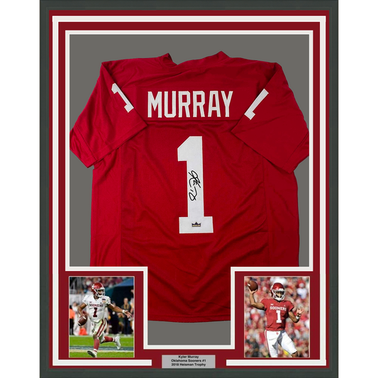 Framed Facsimile Autographed Kyler Murray 35x39 Oklahoma Red Reprint Laser Auto College Football Jersey