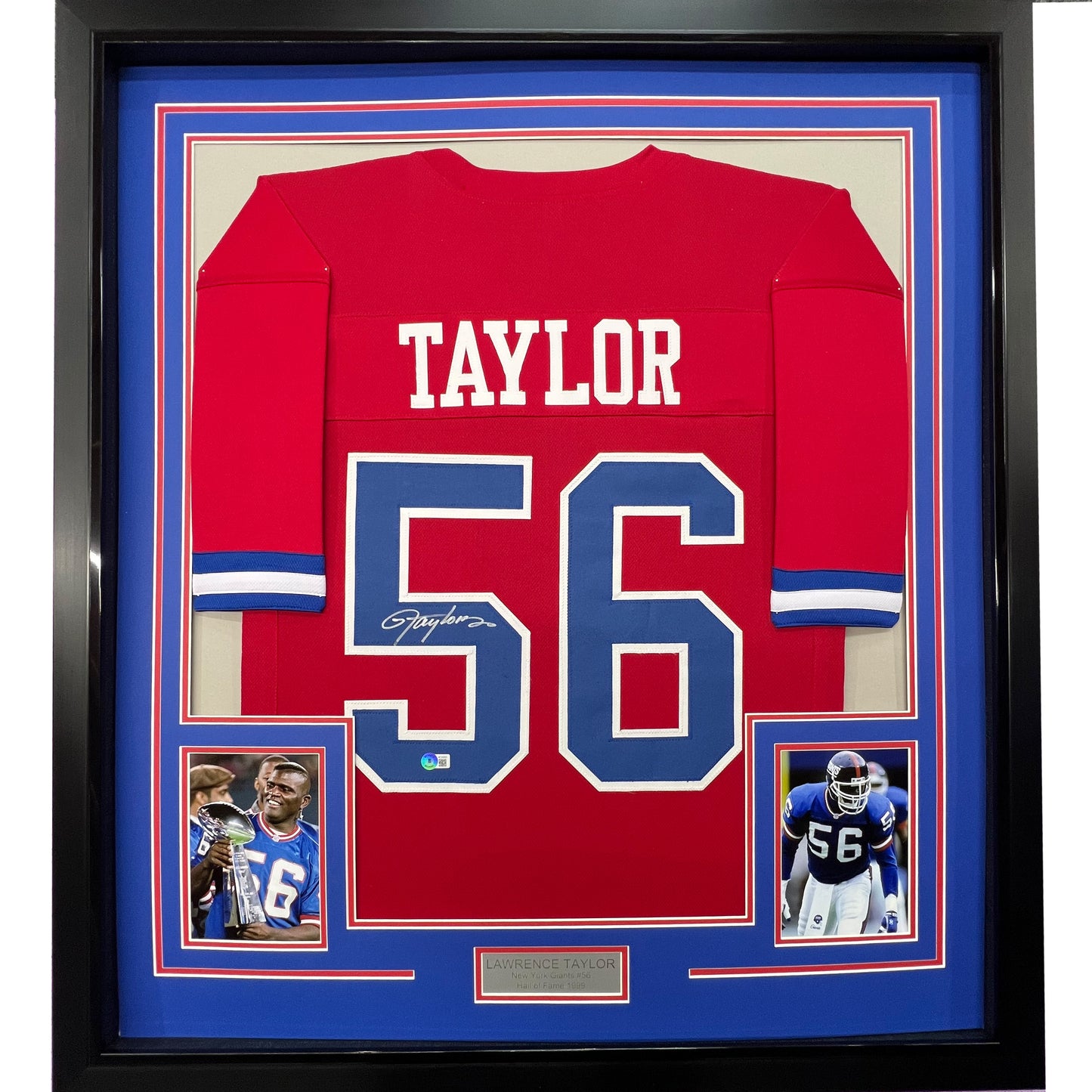 Framed Autographed/Signed Lawrence Taylor 35x39 New York Red Football Jersey JSA COA
