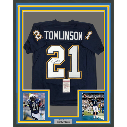 Framed Autographed/Signed LaDainian Tomlinson 35x39 San Diego Dark Blue Football Jersey JSA COA