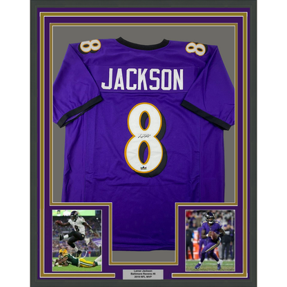 Framed Facsimile Autographed Lamar Jackson 35x39 Baltimore Purple Reprint Laser Auto Football Jersey Size Men's XL
