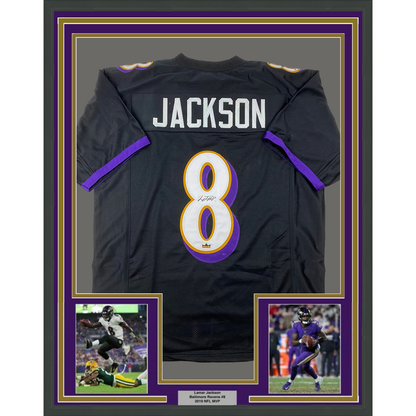 Framed Facsimile Autographed Lamar Jackson 35x39 Baltimore Black Reprint Laser Auto Football Jersey Size Men's XL