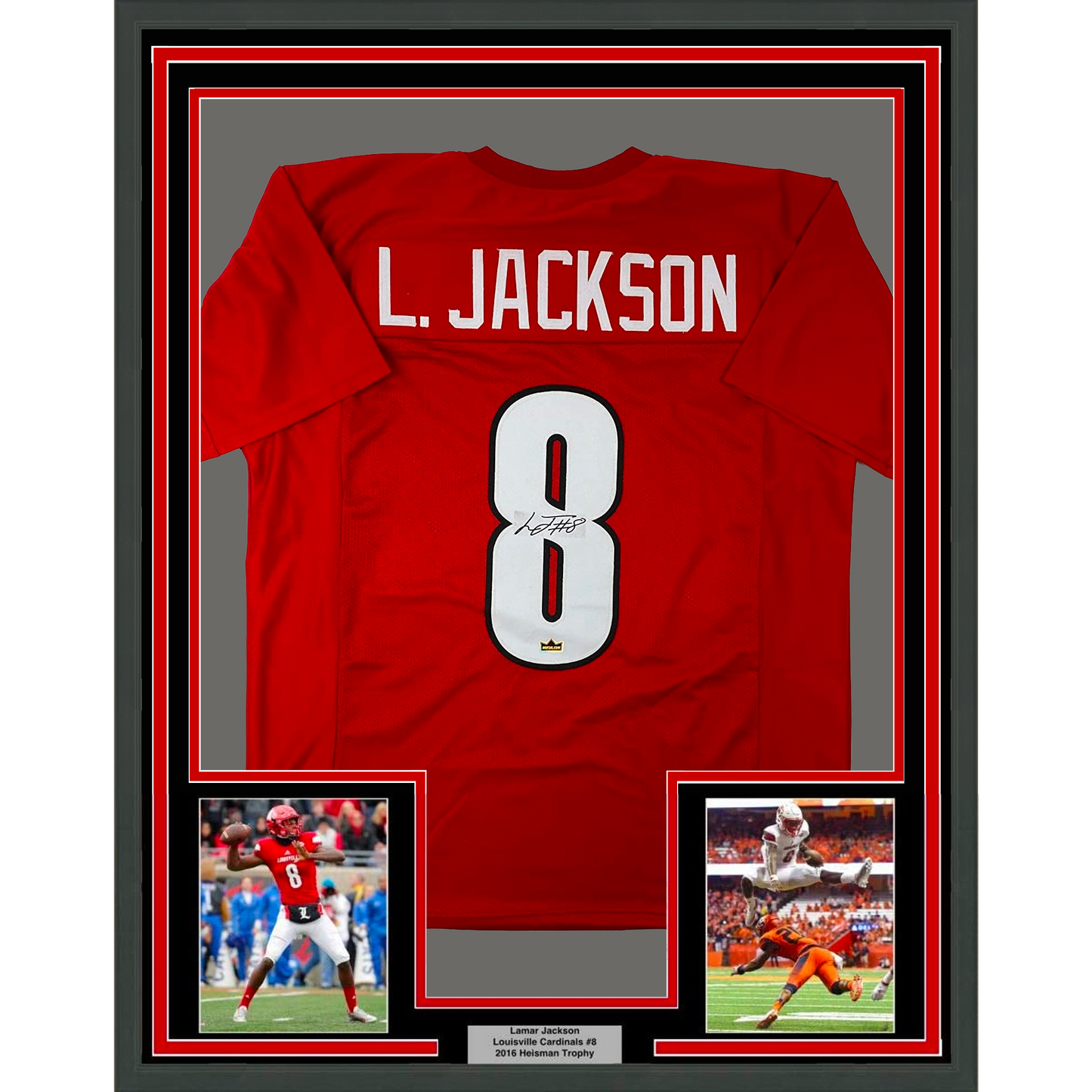 Framed Facsimile Autographed Lamar Jackson 35x39 Louisville Red Reprint Laser Auto College Football Jersey Size Men's XL