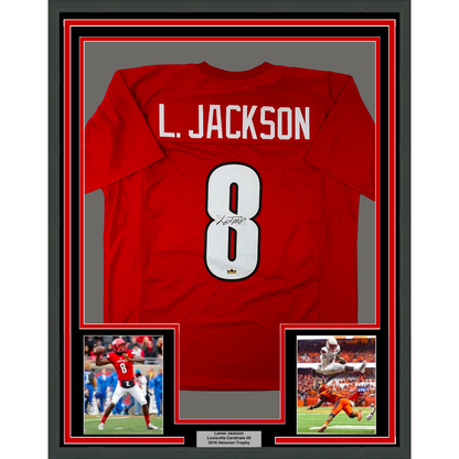 Framed Facsimile Autographed Lamar Jackson 35x39 Louisville Red Reprint Laser Auto College Football Jersey Size Men's XL