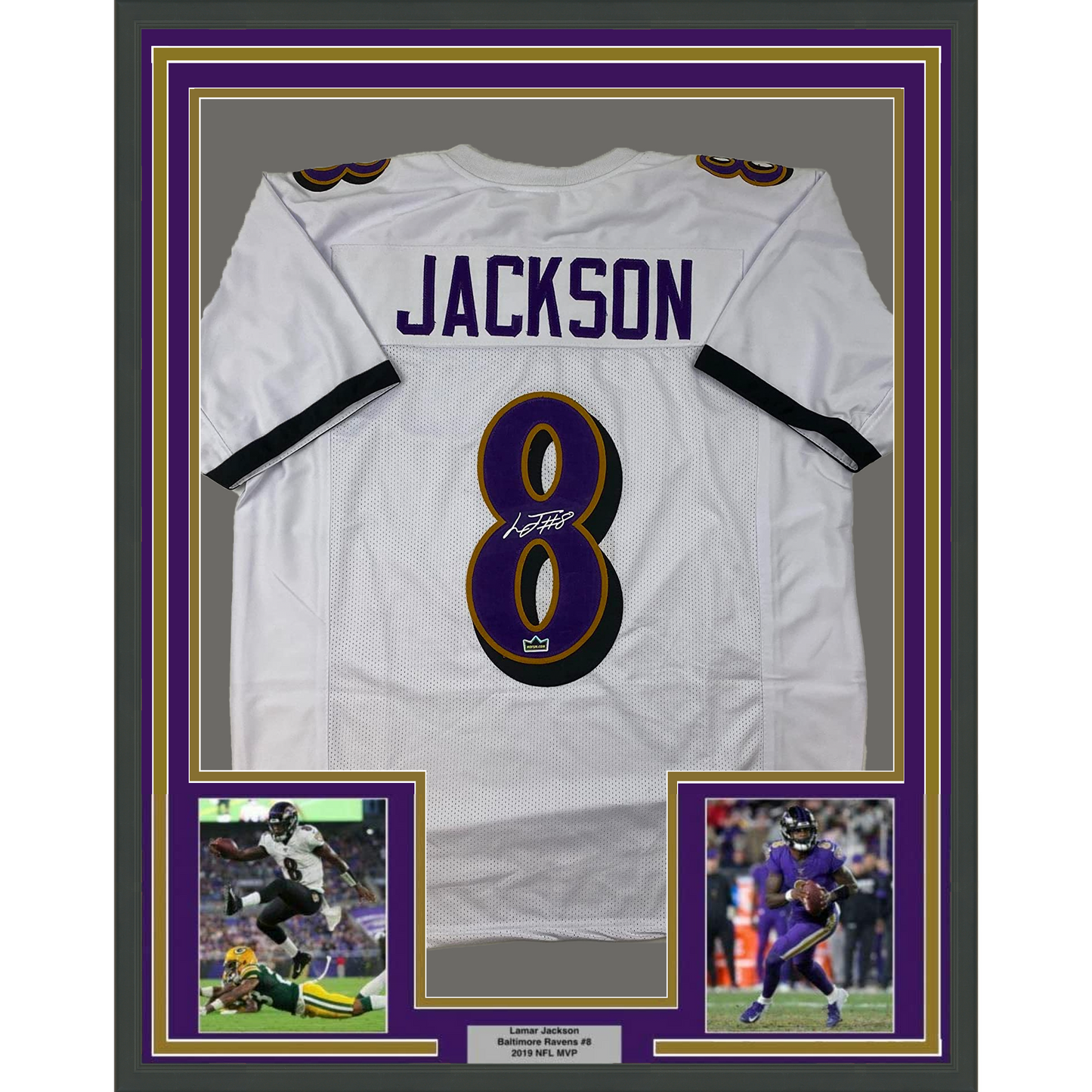 Framed Facsimile Autographed Lamar Jackson 35x39 Baltimore White Reprint Laser Auto Football Jersey Size Men's XL