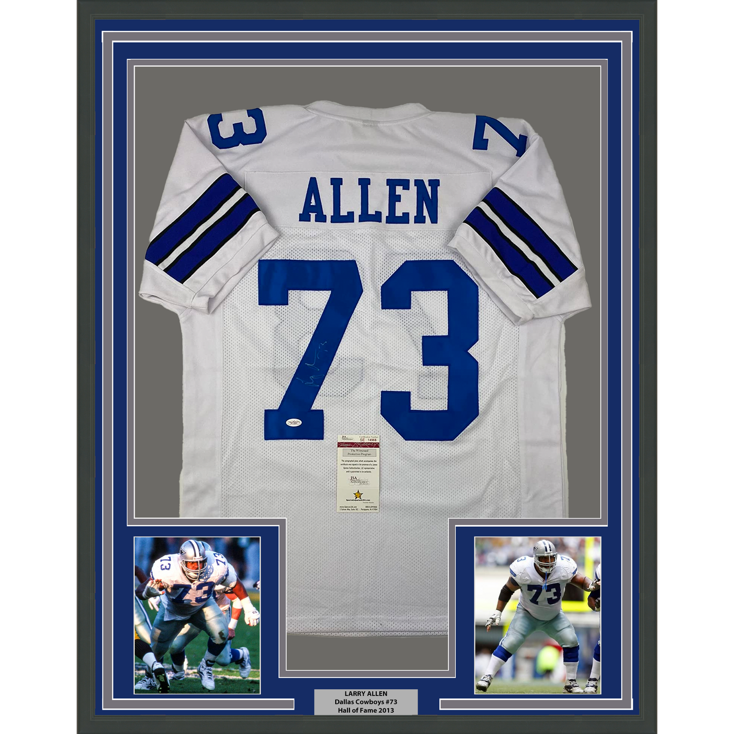 Framed Autographed/Signed Larry Allen 35x39 Dallas White Football Jersey JSA COA