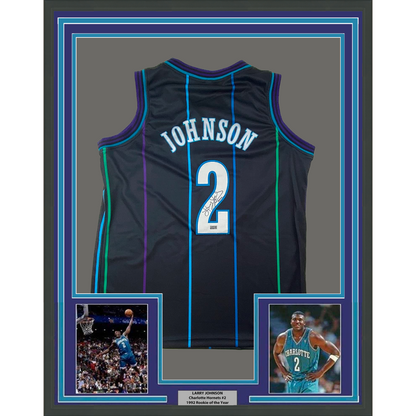 Framed Autographed/Signed Larry Johnson 35x39 Charlotte Black Basketball Jersey Steiner COA