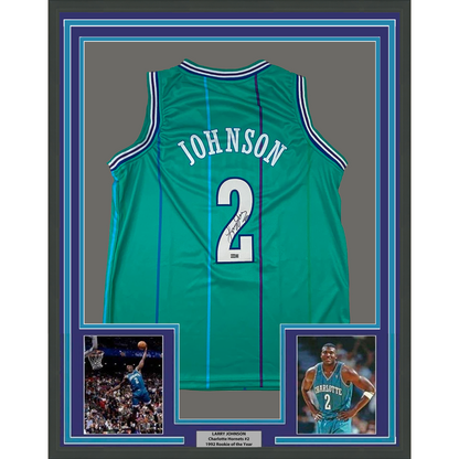 Framed Autographed/Signed Larry Johnson 35x39 Charlotte Teal Basketball Jersey Steiner COA
