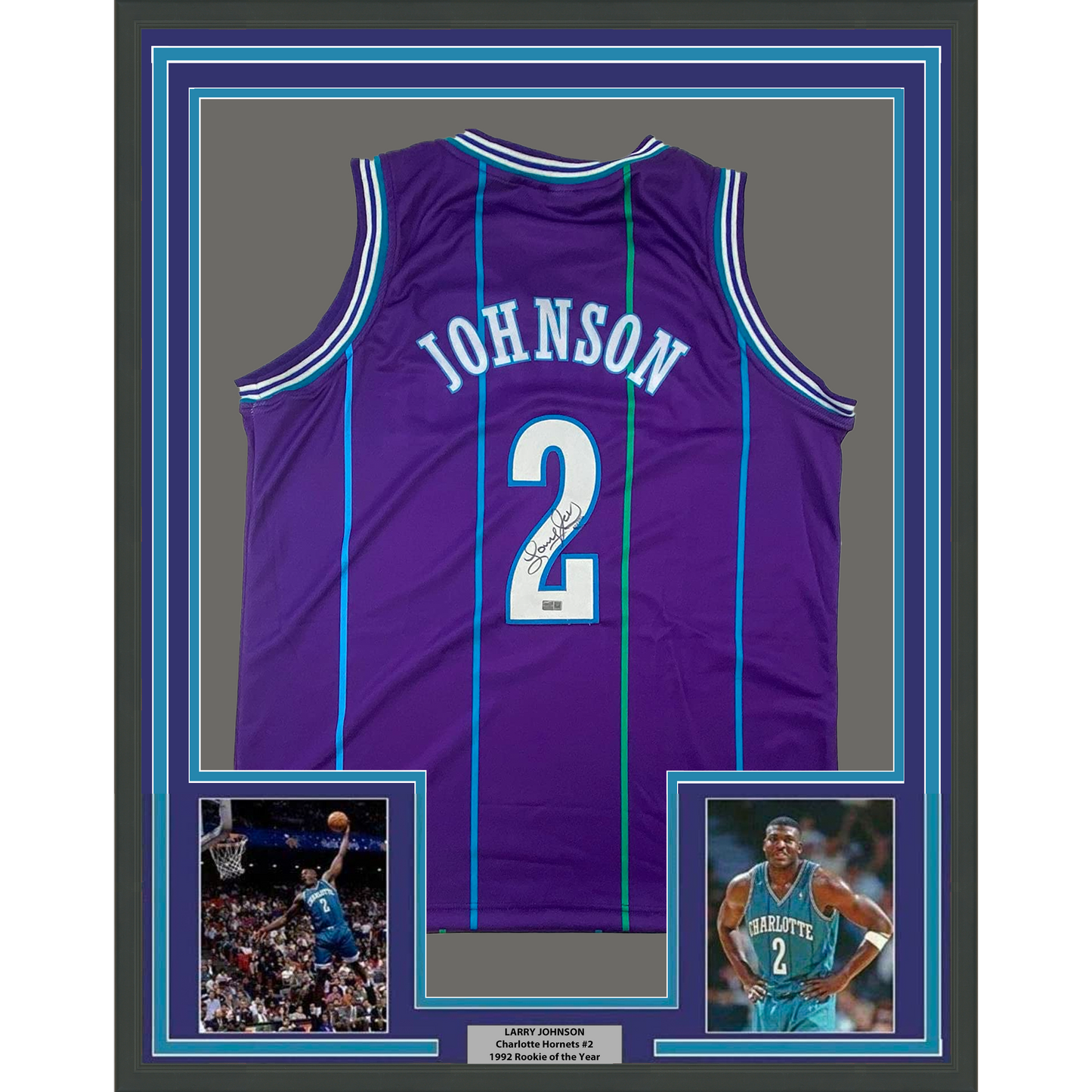 Framed Autographed/Signed Larry Johnson 35x39 Charlotte Purple Basketball Jersey Steiner COA