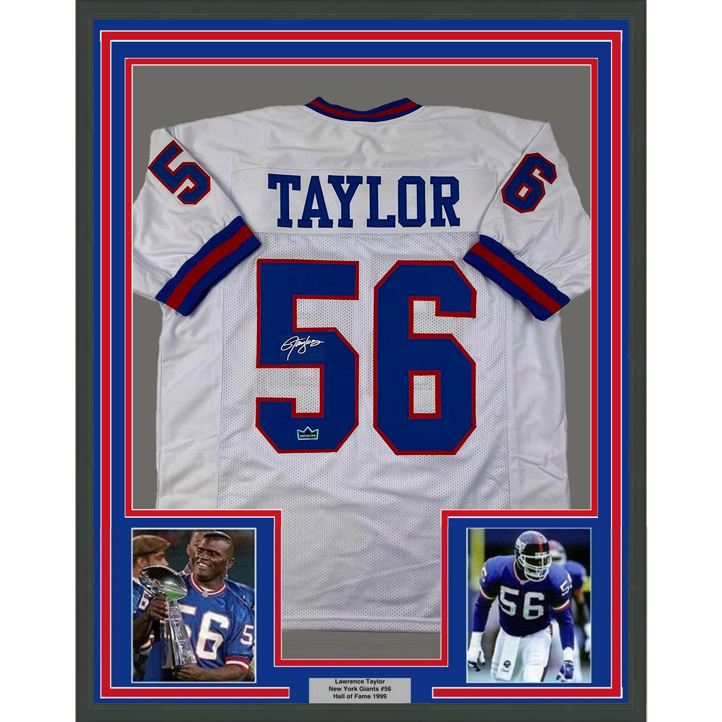 Framed Facsimile Autographed Lawrence Taylor 35x39 New York White Reprint Laser Auto Football Jersey