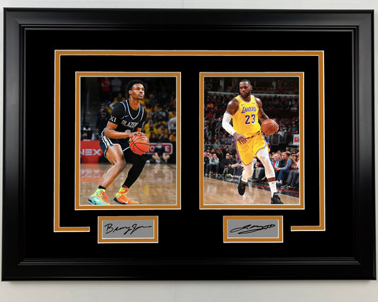 Framed LeBron James and Bronny James Dual Facsimile Laser Engraved Signatures 17x23 Dual Basketball Photo