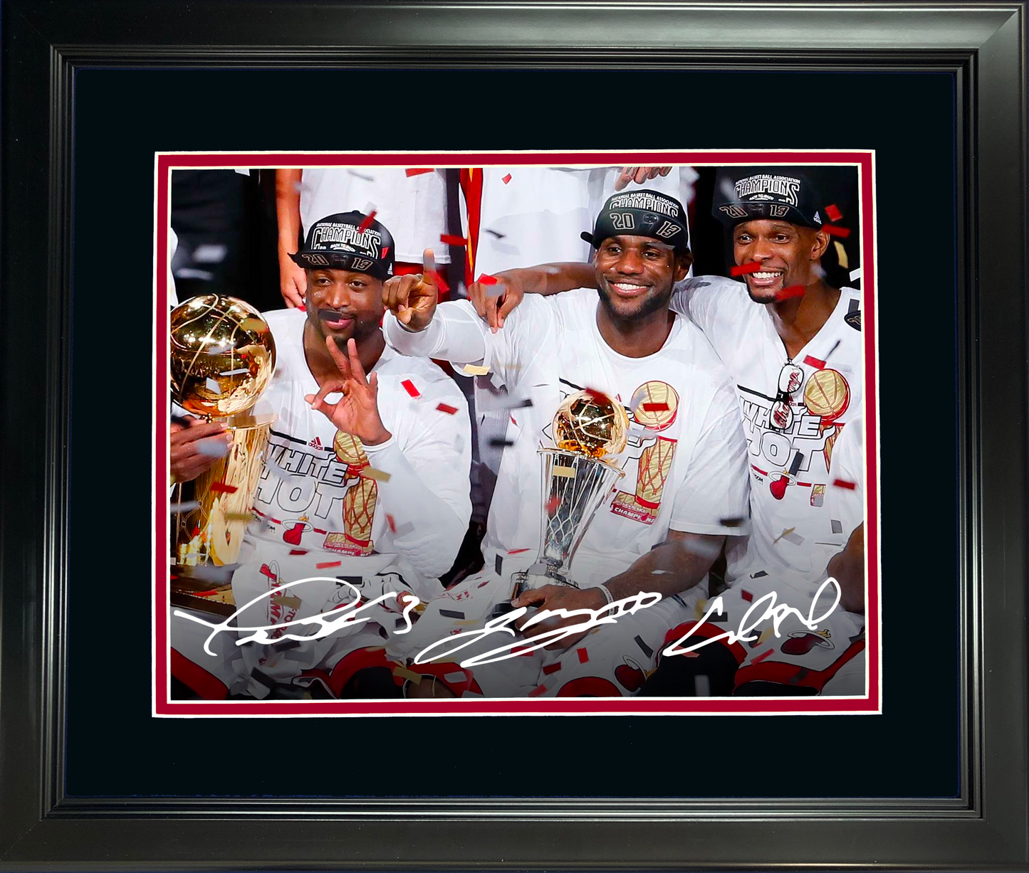 Framed Miami Heat Big 3 LeBron James, Dwyane Wade and Chris Bosh 2012 NBA Champions Facsimile Laser Engraved Signature Auto 11"x14" Basketball Photo HOFSM Holo