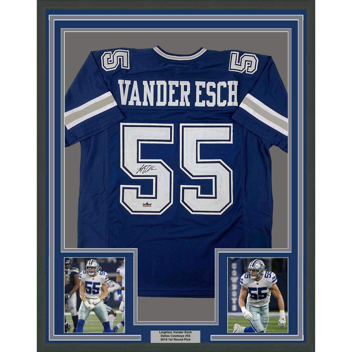 Framed Facsimile Autographed Leighton Vander Esch 35x39 Dallas Blue Reprint Laser Auto Football Jersey Size Men's XL