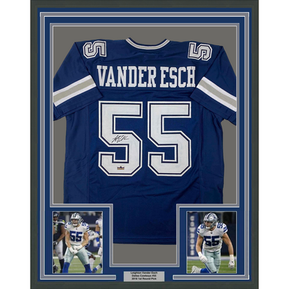 Framed Facsimile Autographed Leighton Vander Esch 35x39 Dallas Blue Reprint Laser Auto Football Jersey Size Men's XL