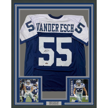 Framed Facsimile Autographed Leighton Vander Esch 35x39 Dallas Thanksgiving Day Reprint Laser Auto Football Jersey