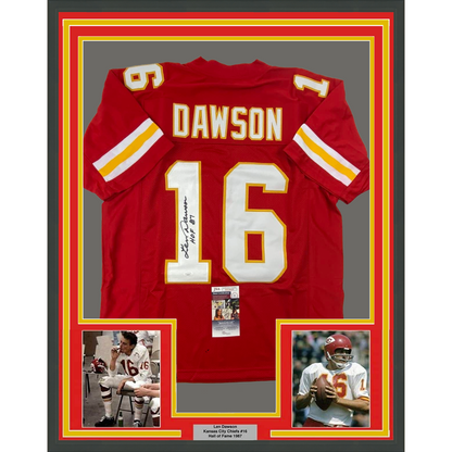 Framed Autographed/Signed Len Dawson 35x39 HOF 87 Kansas City Red Football Jersey JSA COA