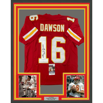 Framed Facsimile Autographed Len Dawson 35x39 Kansas City Red Reprint Laser Auto Football Jersey