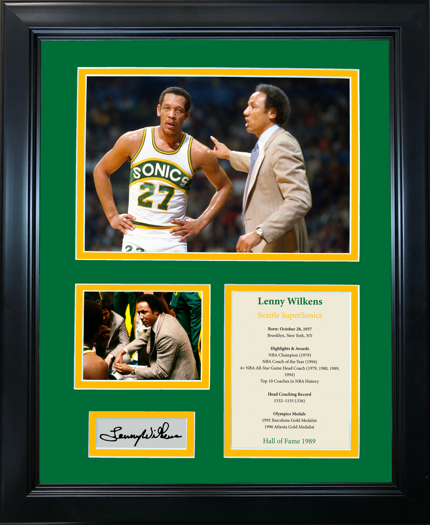 Framed Lenny Wilkens Hall of Fame Seattle SuperSonics Facsimile Laser Engraved Signature Auto Basketball 11"x14" Photo Sig Collage