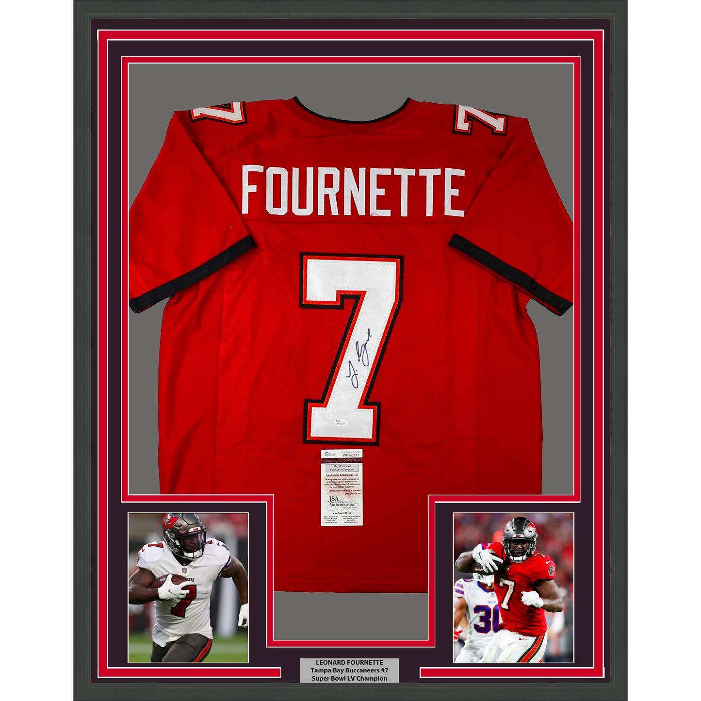 Framed Autographed/Signed Leonard Fournette 35x39 Tampa Bay Red Football Jersey JSA COA