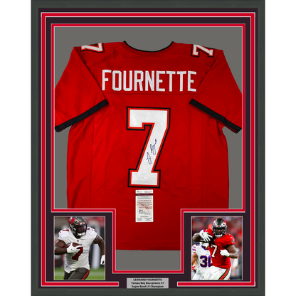 Framed Autographed/Signed Leonard Fournette 35x39 Tampa Bay Red Football Jersey JSA COA
