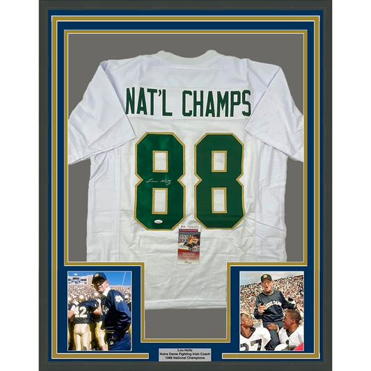 Framed Autographed/Signed Lou Holtz 35x39 1988 National Champs Notre Dame White College Football Jersey JSA COA