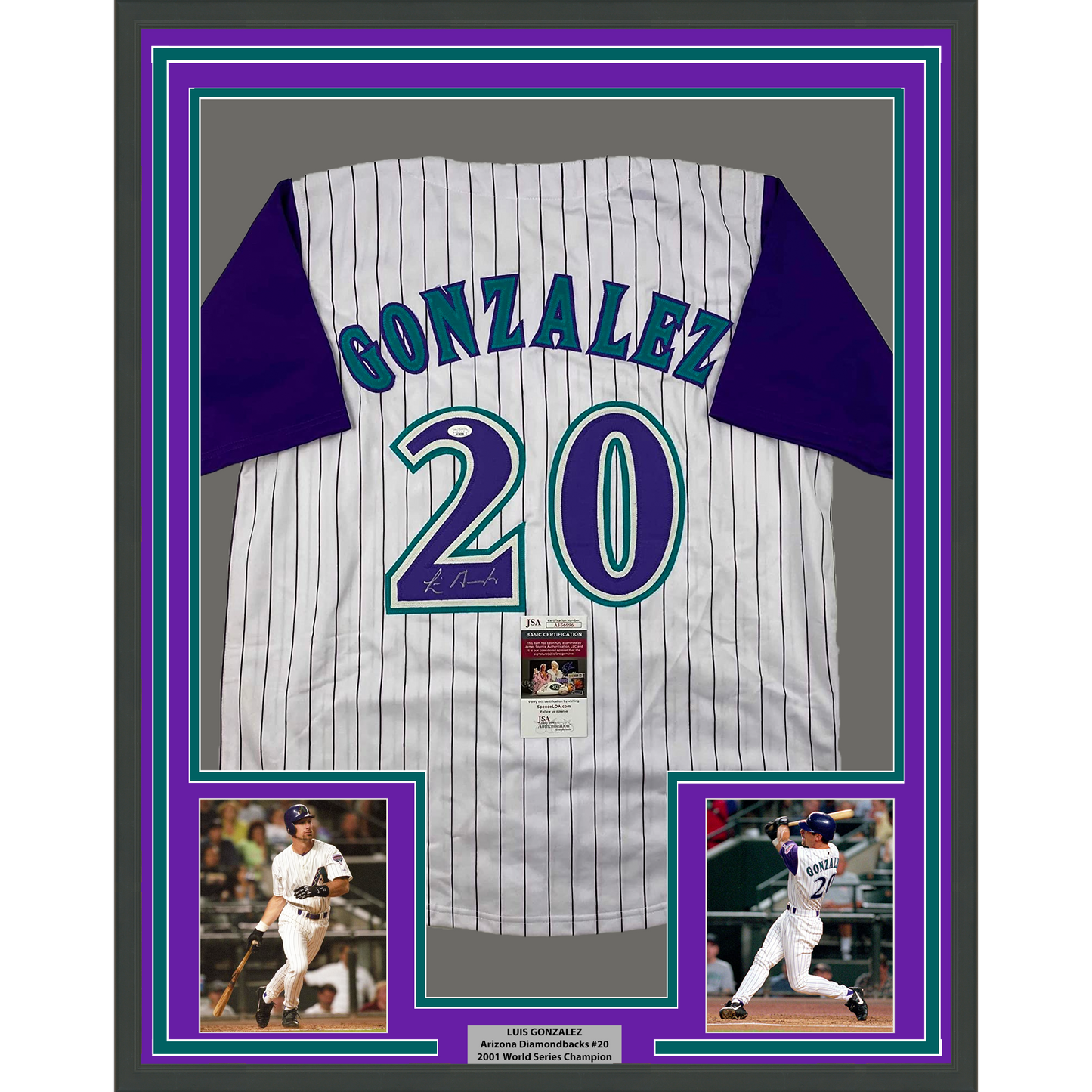 Framed Autographed/Signed Luis Gonzalez 35x39 Arizona Pinstripe Baseball Jersey JSA COA