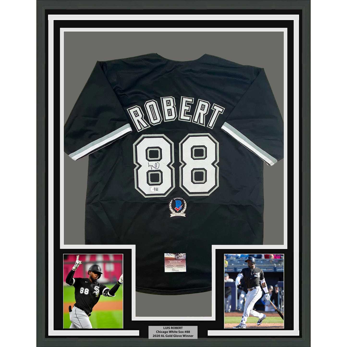 Framed Autographed/Signed Luis Robert 35x39 Chicago Black Baseball Jersey Beckett BAS COA