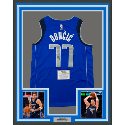 Framed Autographed/Signed Luka Doncic 35x39 Dallas Mavericks Blue Authentic Basketball Jersey Fanatics COA