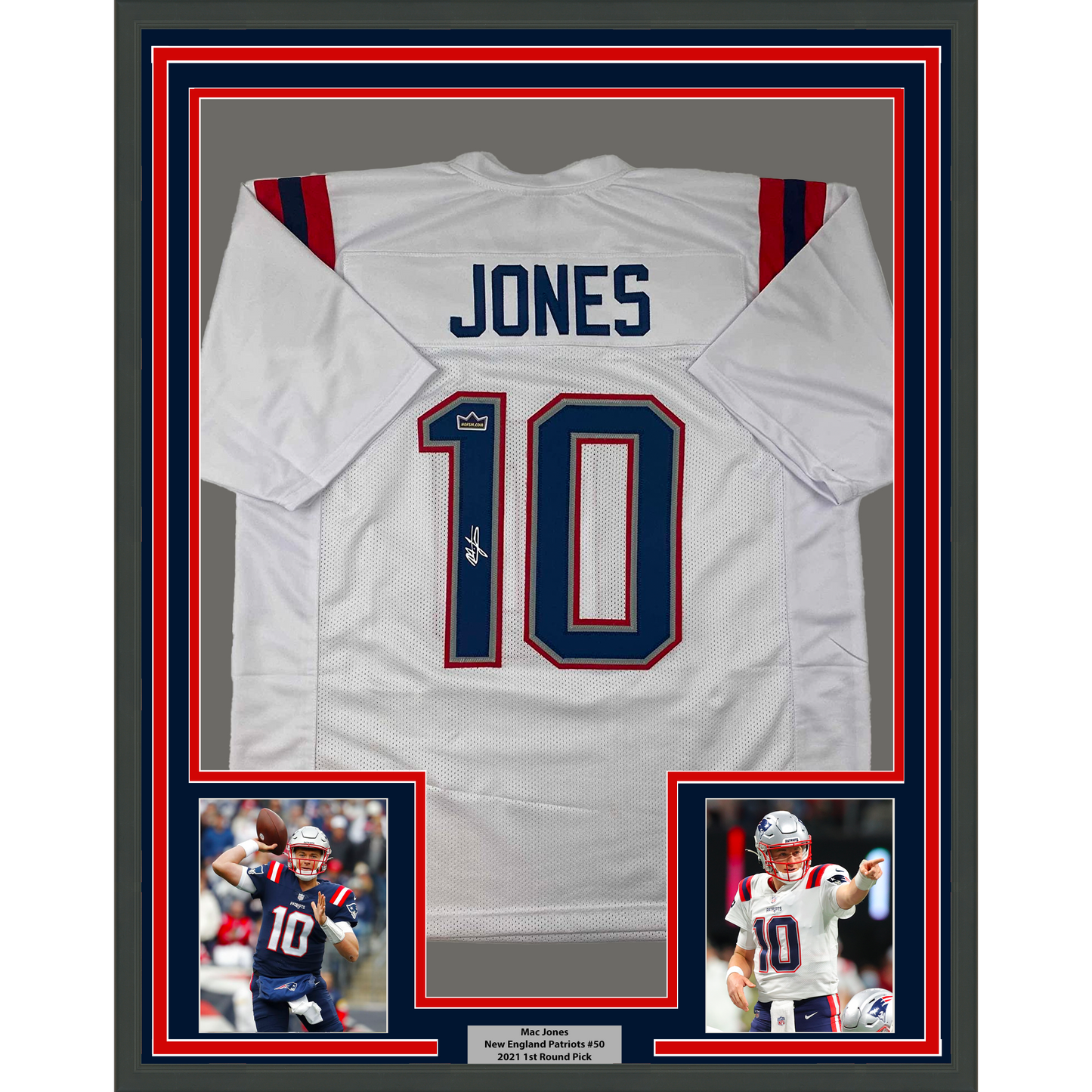 Framed Facsimile Autographed Mac Jones 35x39 New England White Reprint Laser Auto Football Jersey