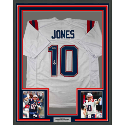 Framed Facsimile Autographed Mac Jones 35x39 New England White Reprint Laser Auto Football Jersey