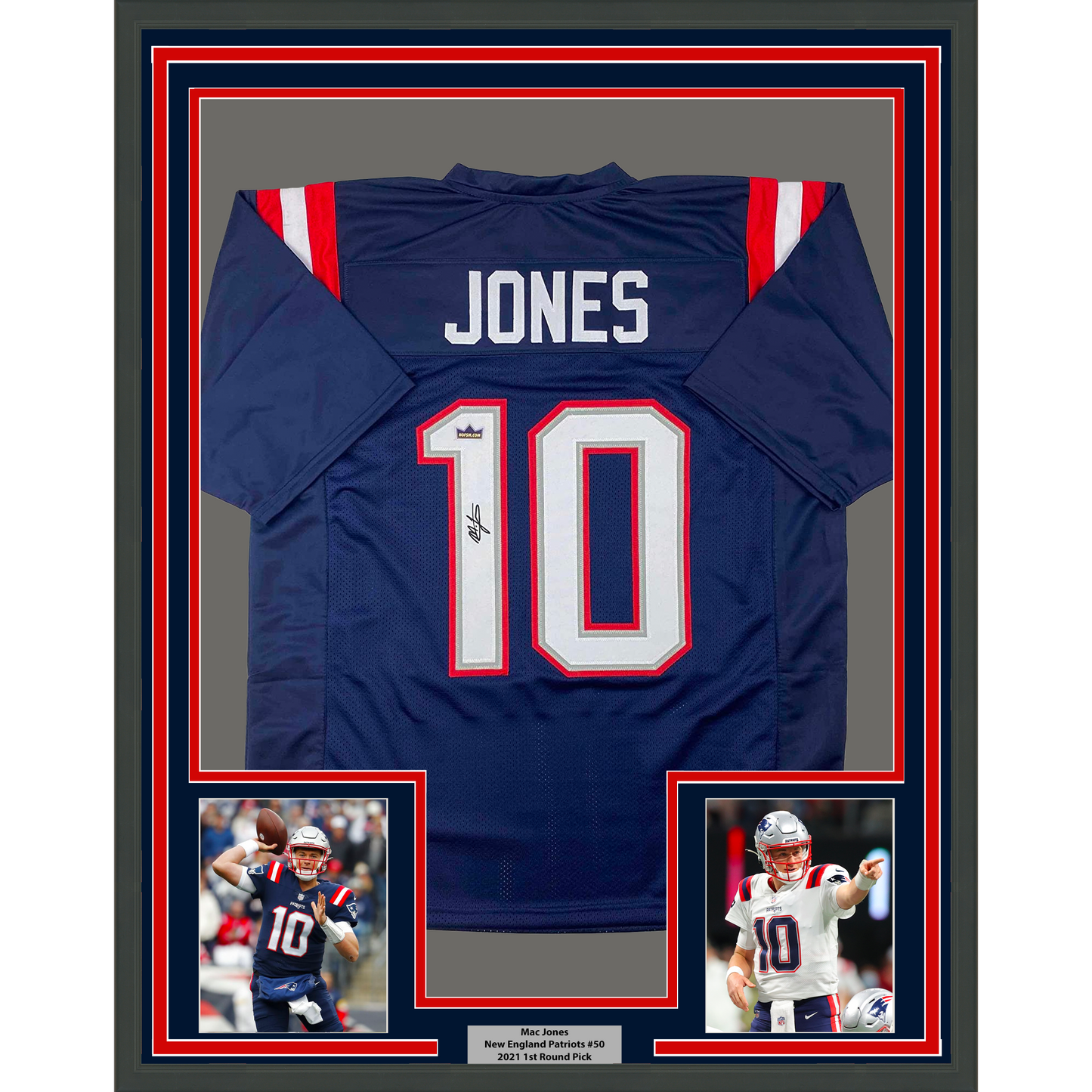 Framed Facsimile Autographed Mac Jones 35x39 New England Blue Reprint Laser Auto Football Jersey