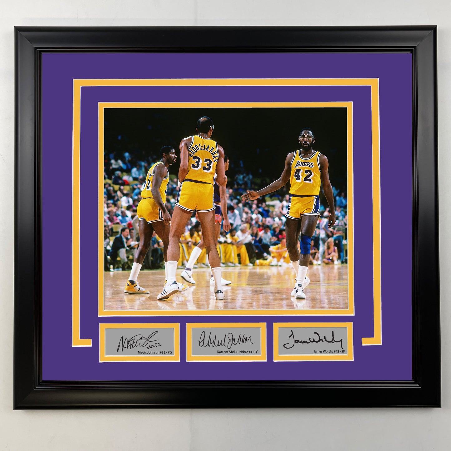Framed Magic Johnson, Kareem Abdul-Jabbar and James Worthy Facsimile Laser Engraved Signatures Los Angeles Lakers 19x21 Basketball Photo