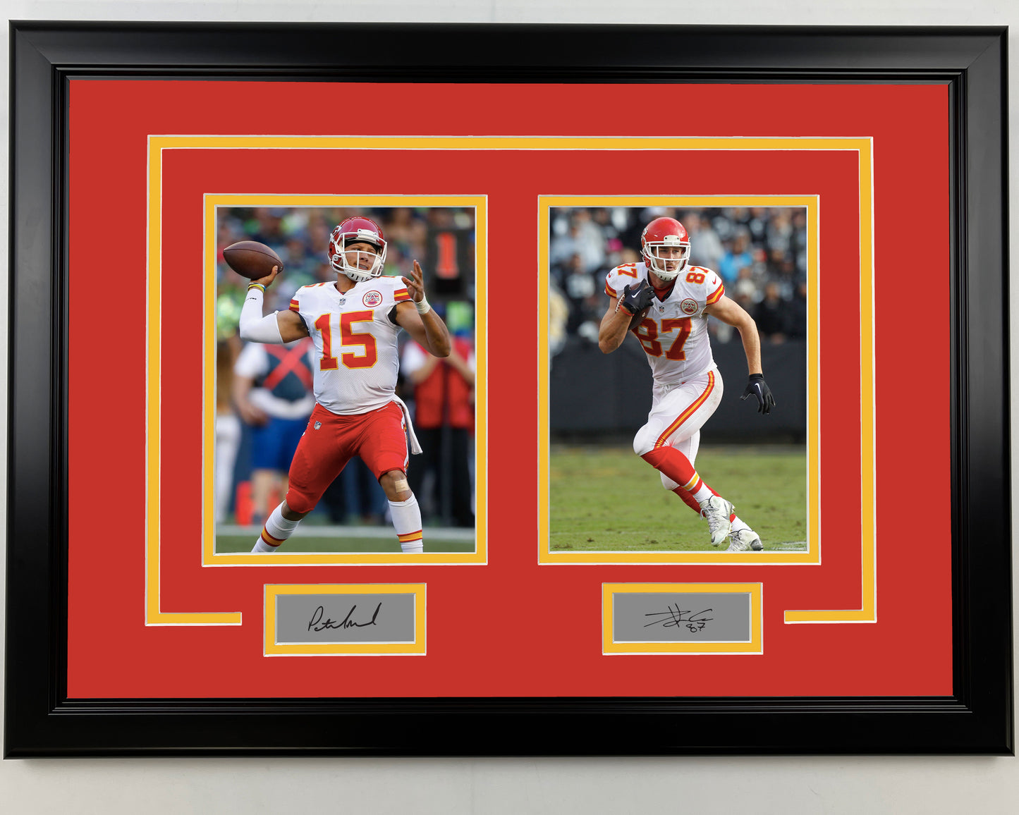 Framed Patrick Mahomes & Travis Kelce Facsimile Laser Engraved Signatures Kansas City Chiefs 17x23 Dual Football Photo