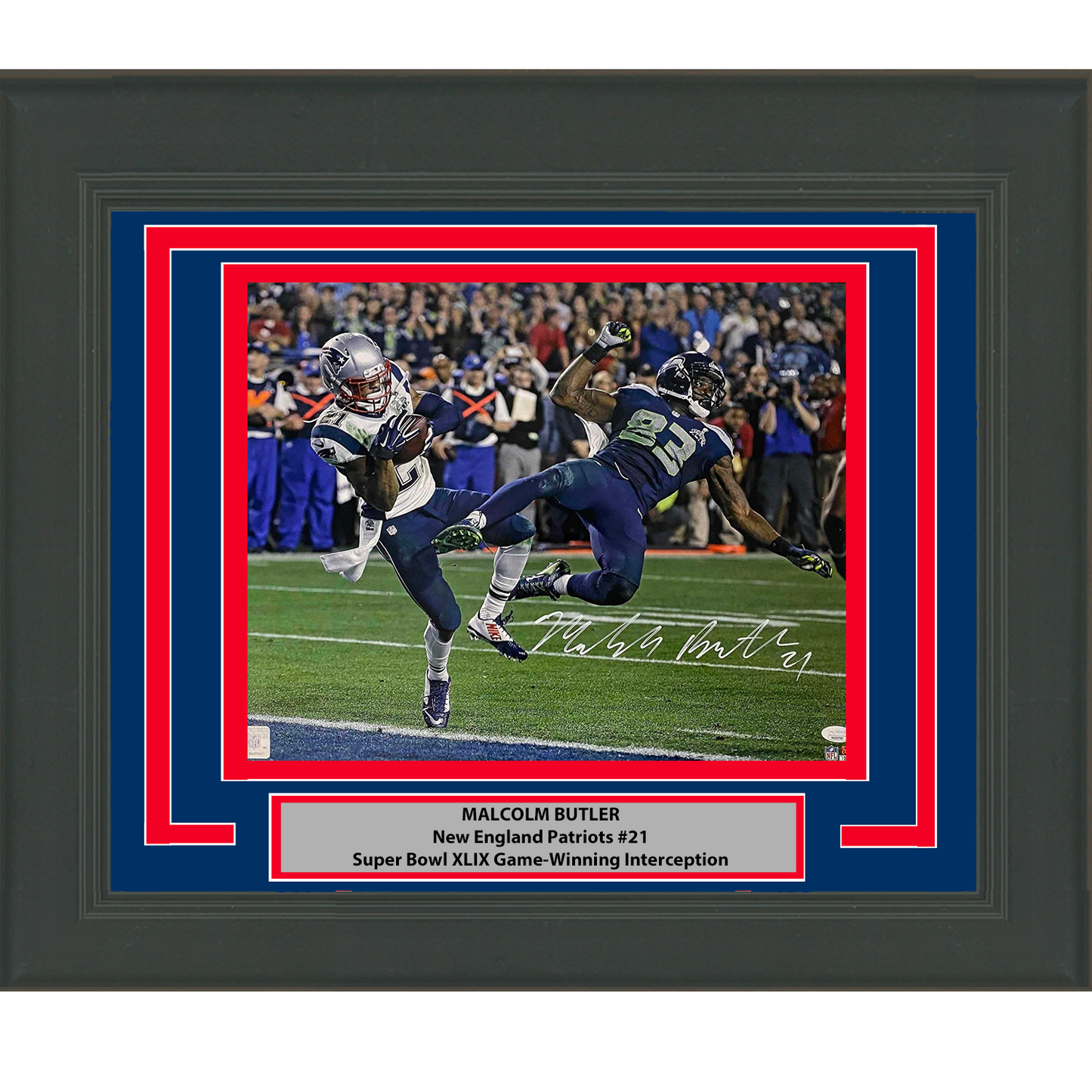 Framed Autographed/Signed Malcolm Butler GW INT New England Patriots Super Bowl 16x20 Photo JSA COA