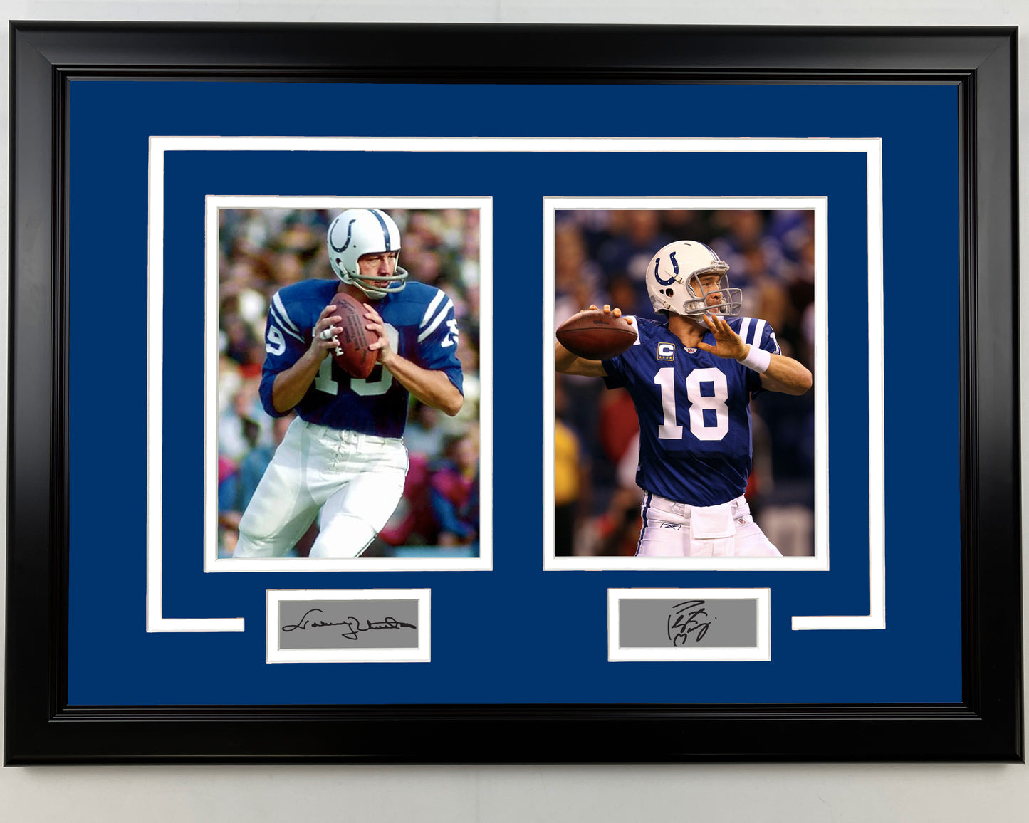 Framed Johnny Unitas and Peyton Manning Facsimile Laser Engraved Signatures Indianapolis Colts 17x23 Dual Football Photo