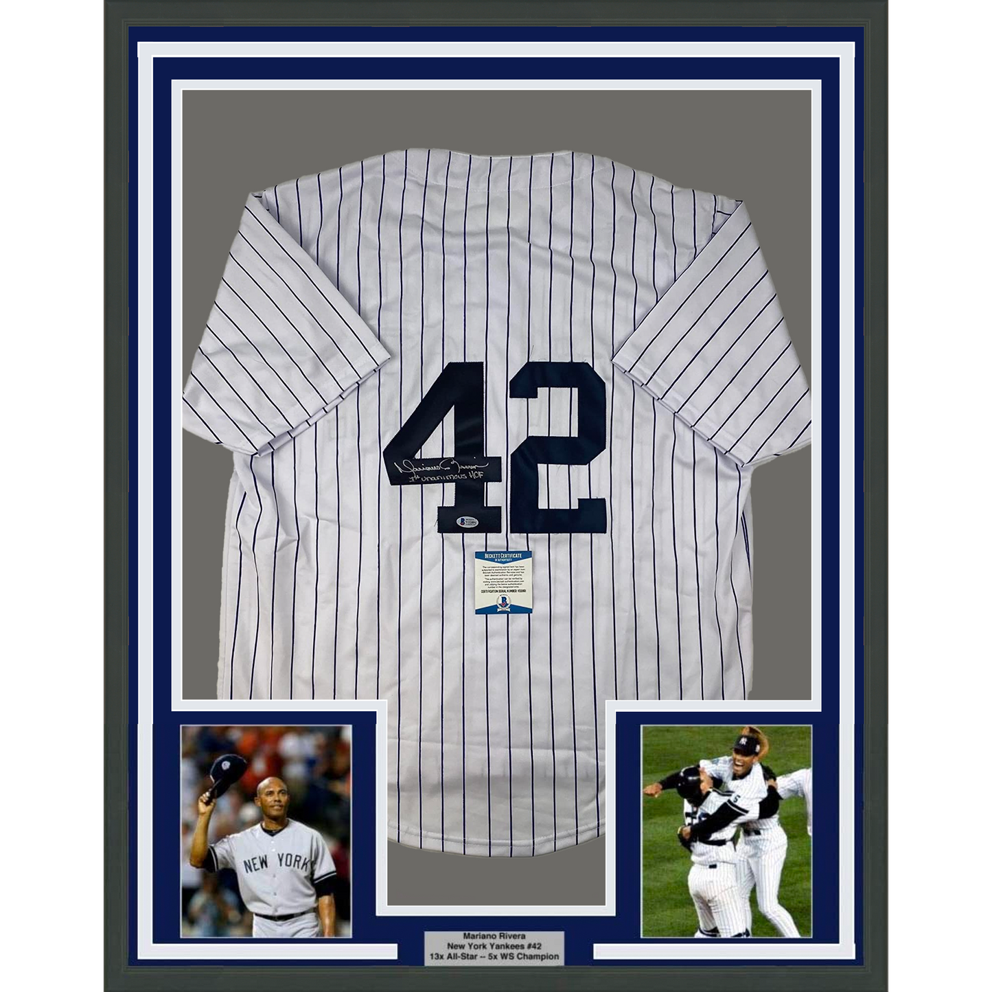 Framed Autographed/Signed Mariano Rivera 35x39 1st Unanimous HOF New York Pinstripe Baseball Jersey Beckett BAS COA