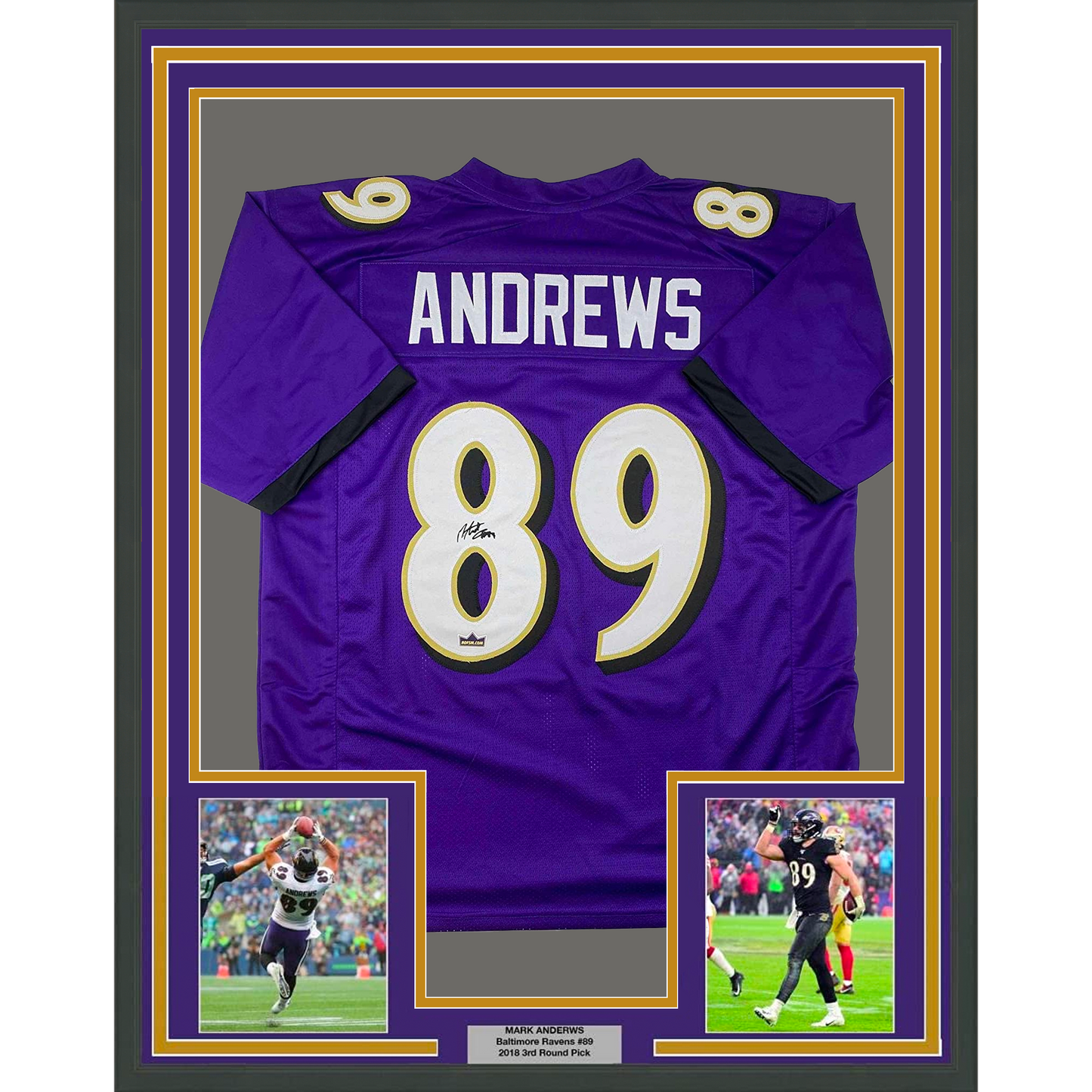 Framed Facsimile Autographed Mark Andrews 35x39 Baltimore Purple Reprint Laser Auto Football Jersey